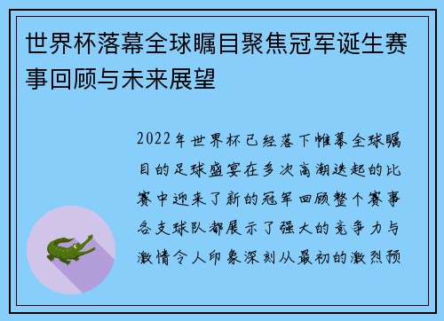 世界杯落幕全球瞩目聚焦冠军诞生赛事回顾与未来展望