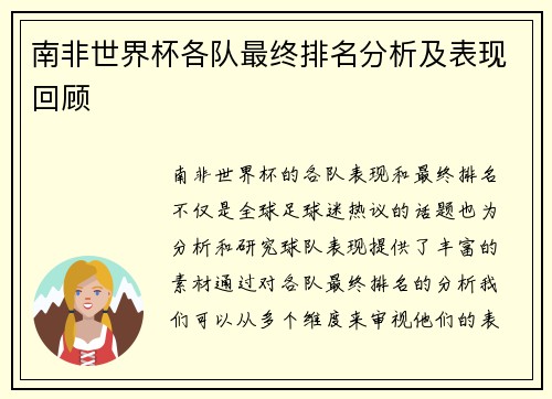 南非世界杯各队最终排名分析及表现回顾