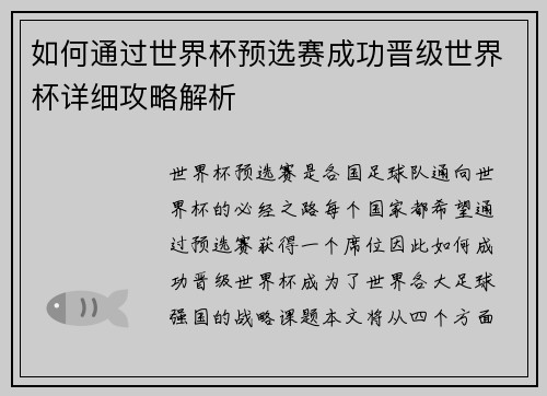 如何通过世界杯预选赛成功晋级世界杯详细攻略解析