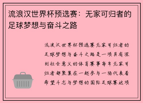 流浪汉世界杯预选赛：无家可归者的足球梦想与奋斗之路